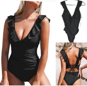 Cupshe Black Ruffle One Piece Swimsuit XL NWT